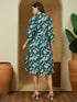 Janasya Women's Green Pure Cotton Floral Printed Fit & Flare Dress